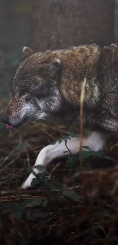 Majestic wolf gracefully walking through a lush forest setting.