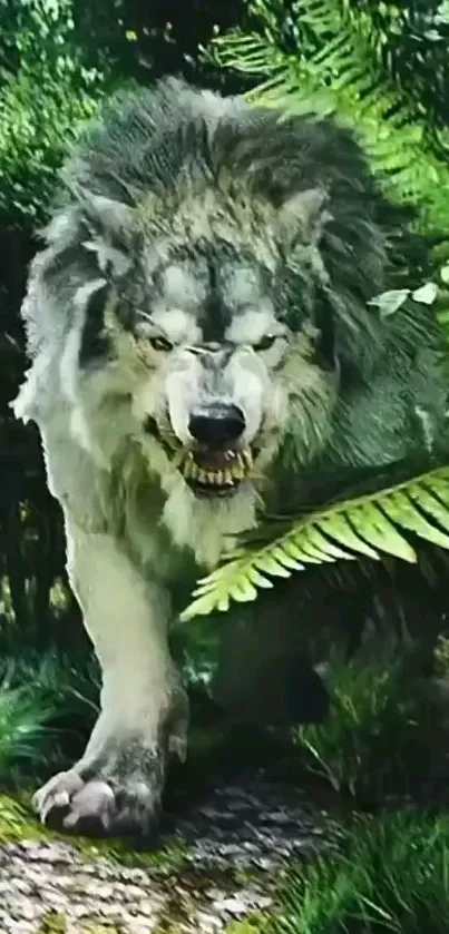 Fierce wolf prowling through lush Green forest