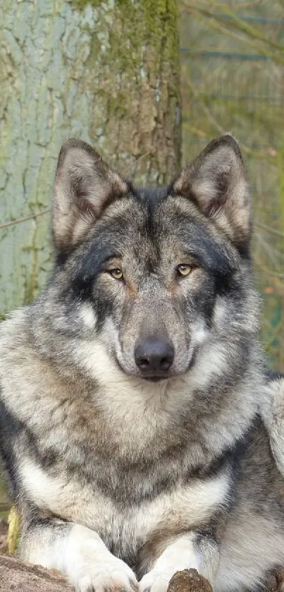 Majestic wolf resting in a tranquil forest setting, perfect for mobile wallpaper.