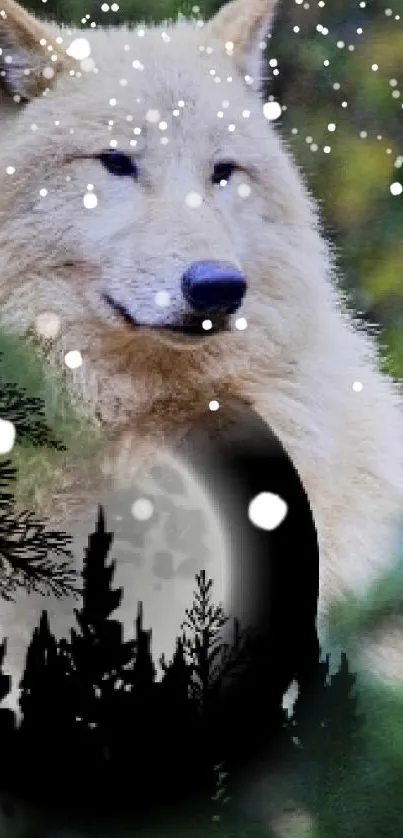Majestic wolf in a forest with moonlit silhouette, nature wallpaper.