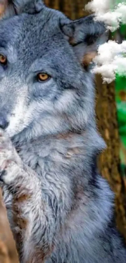 Beautiful wolf in a forest setting with lush greenery.