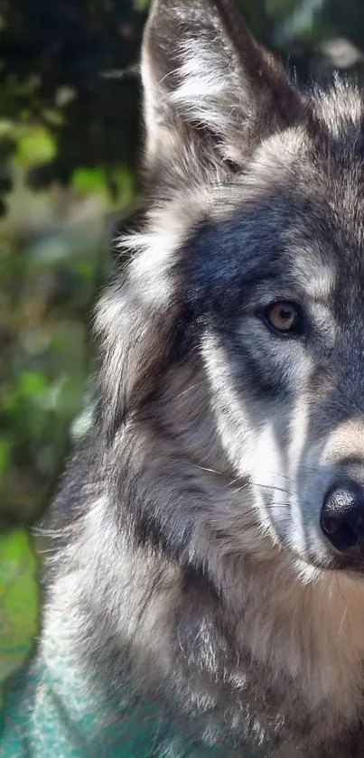 Majestic wolf in a lush forest environment.