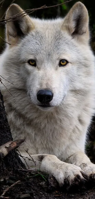 Majestic white wolf resting among mossy forest trees.