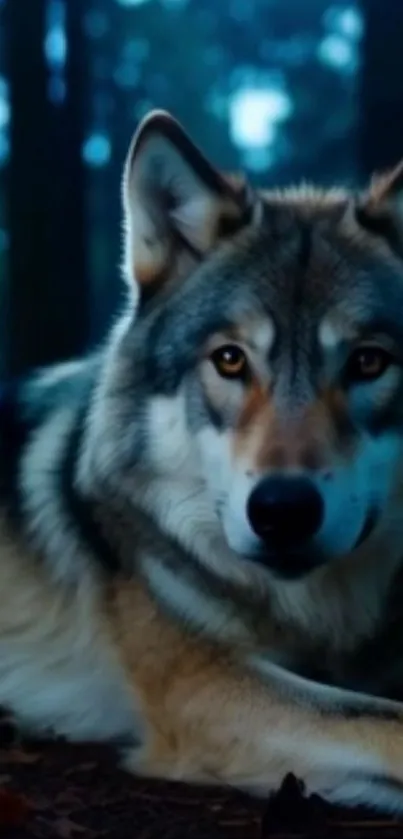 Majestic wolf lying in a forest setting.