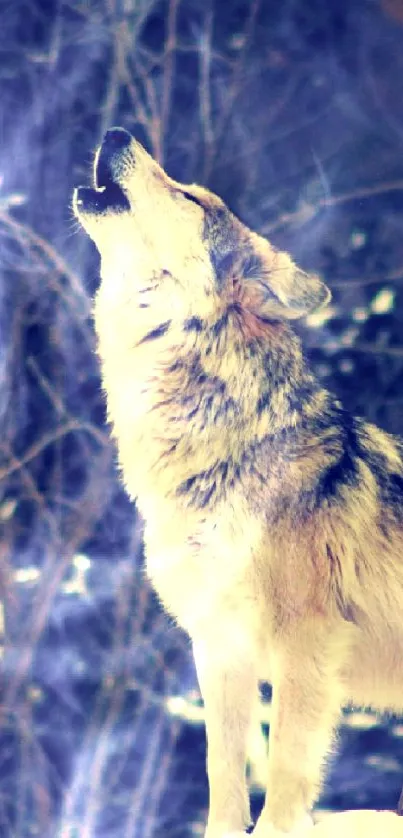 Mobile wallpaper of a wolf howling in a snowy forest.