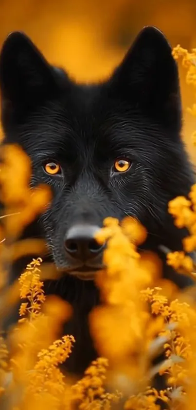 Black wolf amidst vibrant orange flowers.