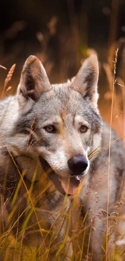 Majestic wolf stands in a golden field.