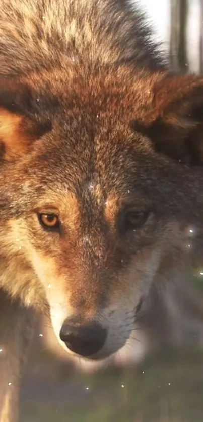 Majestic wolf in golden light with nature background.