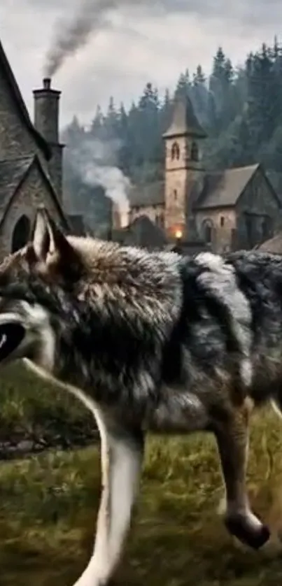 A majestic wolf walking in front of a Gothic village with a forest backdrop.