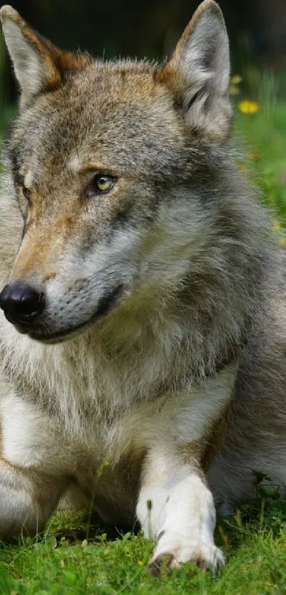 A wolf rests peacefully in a lush green meadow, surrounded by nature.