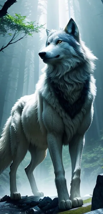 Majestic wolf standing in a misty forest with sunlight filtering through trees.