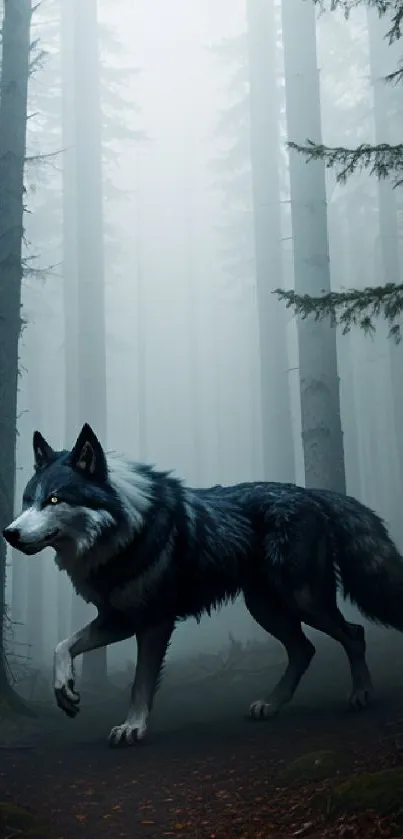 A majestic wolf walks through a misty forest, surrounded by tall trees.