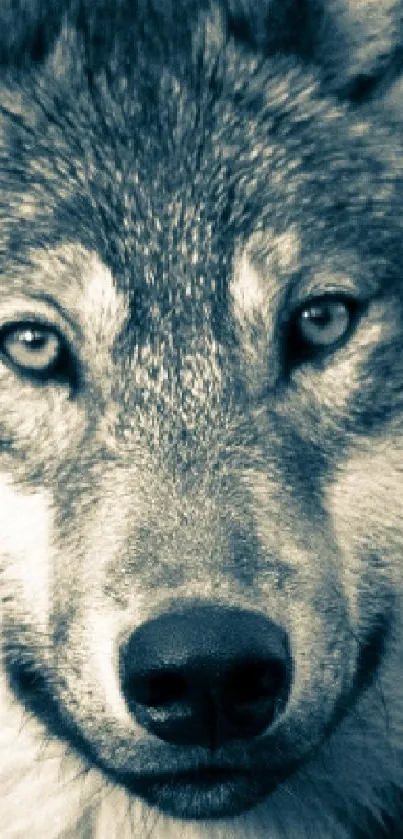 Monochrome image of a majestic wolf with intense eyes and textured fur.