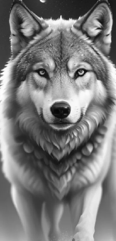 Monochrome wolf in a forest background with a crescent moon.