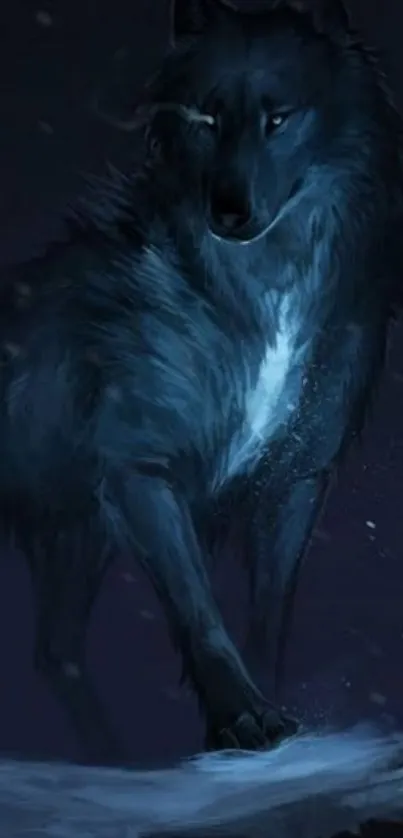 Majestic wolf standing in moonlit night with dark blue hues.