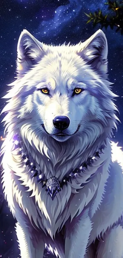 Majestic white wolf in moonlit forest scene, under the serene night sky.