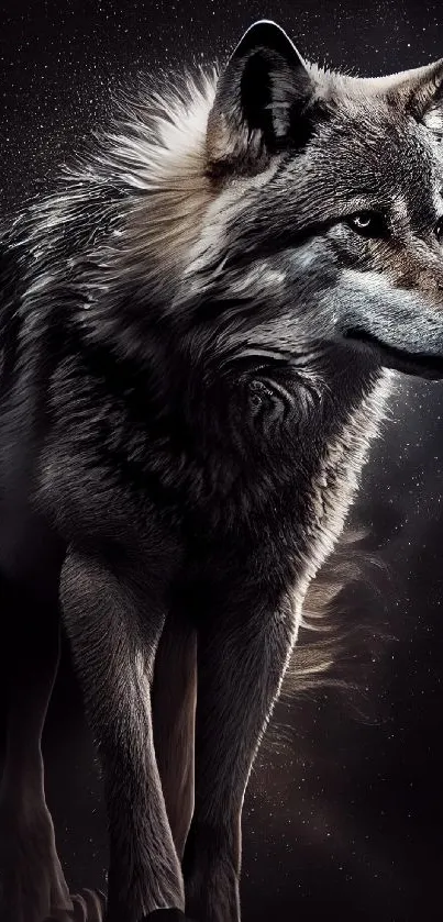 Majestic wolf against a starry, moonlit night.