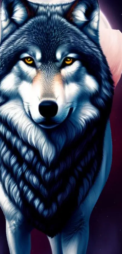 Majestic wolf standing before a full moon in a dark night scene.