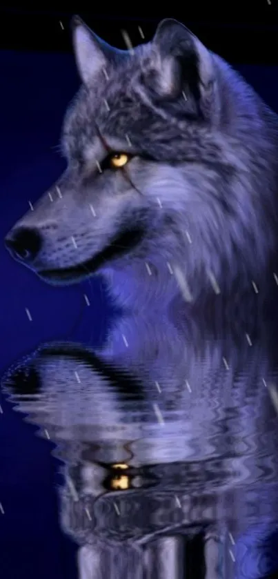 Majestic wolf reflected in moonlit water under a deep blue night sky.