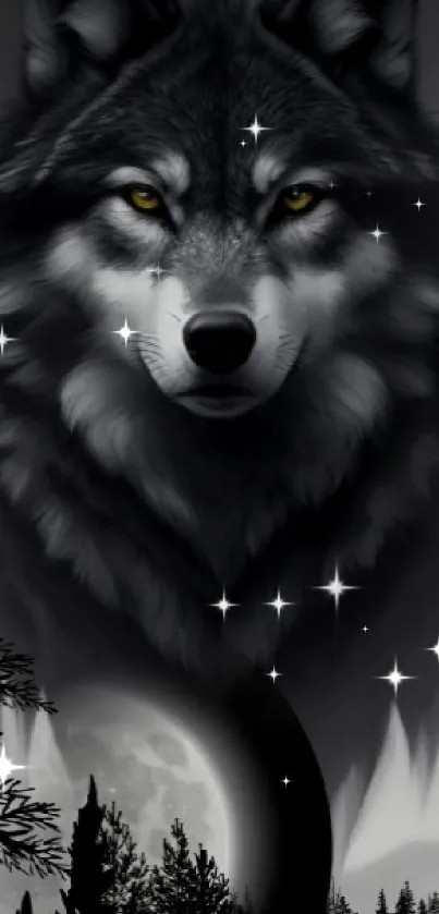 A majestic wolf with piercing eyes against a moonlit forest backdrop.