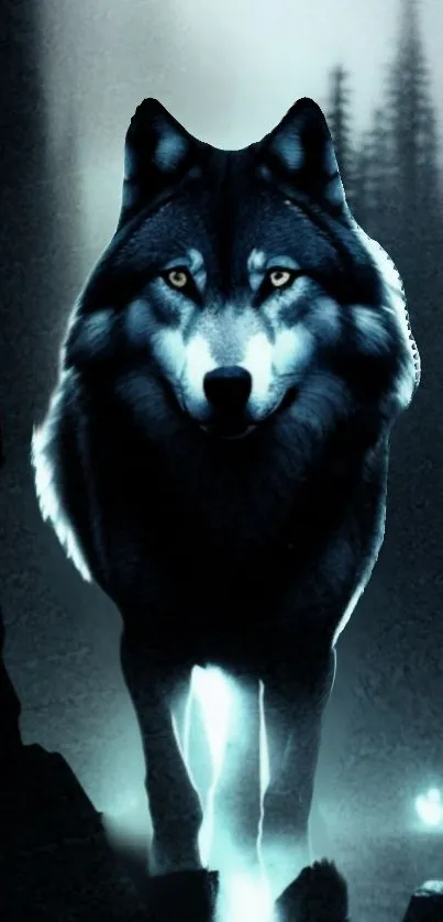 Majestic wolf in a moonlit forest, perfect for mobile wallpaper.