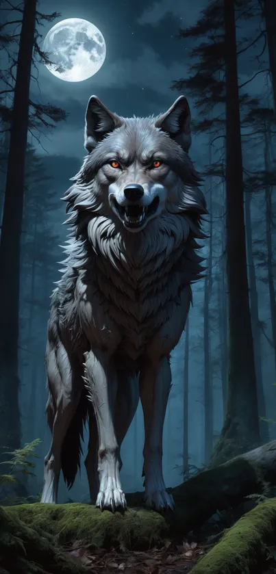 Majestic wolf under a full moon in a dark forest setting.