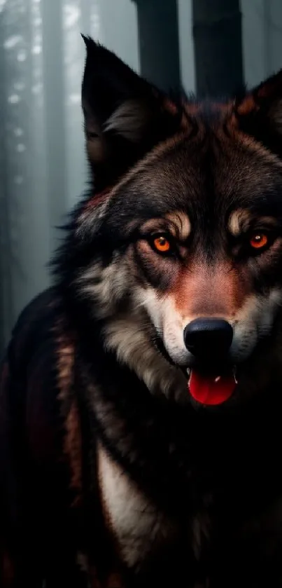 Majestic wolf with glowing eyes in a dark, mystical forest.