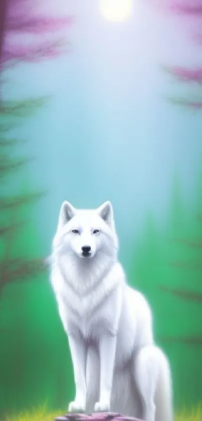 White wolf in a mystical green forest under moonlight, serene mobile wallpaper.