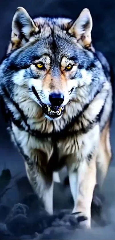 Majestic wolf standing in a mystical forest.