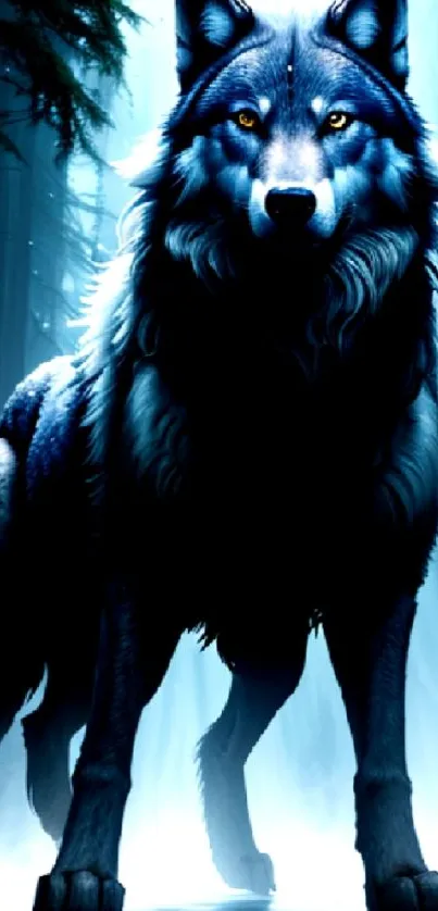 Majestic wolf standing in a mystical forest under a blue ambiance.