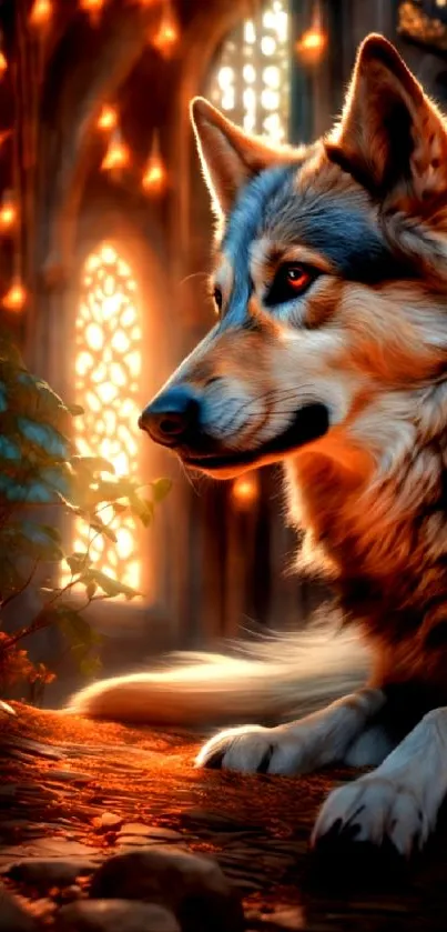 Majestic wolf basking in warm, mystical light, with glowing orange and natural serenity.