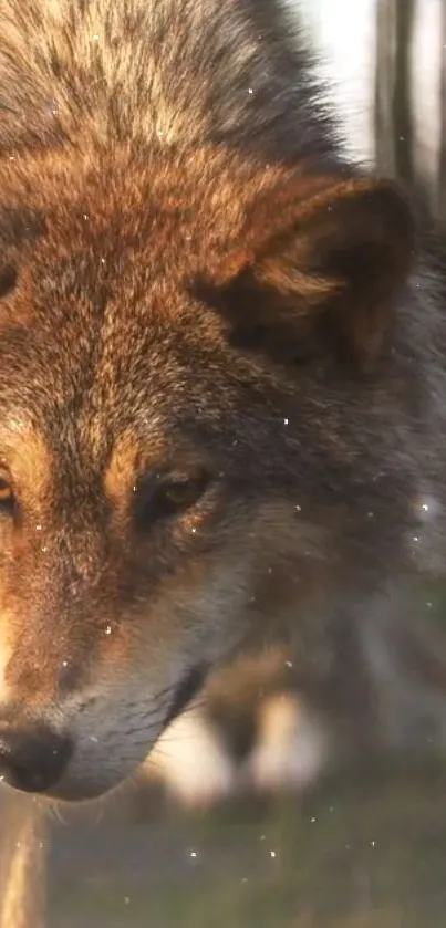 Close-up of a majestic wolf in a natural setting, capturing its intense gaze.