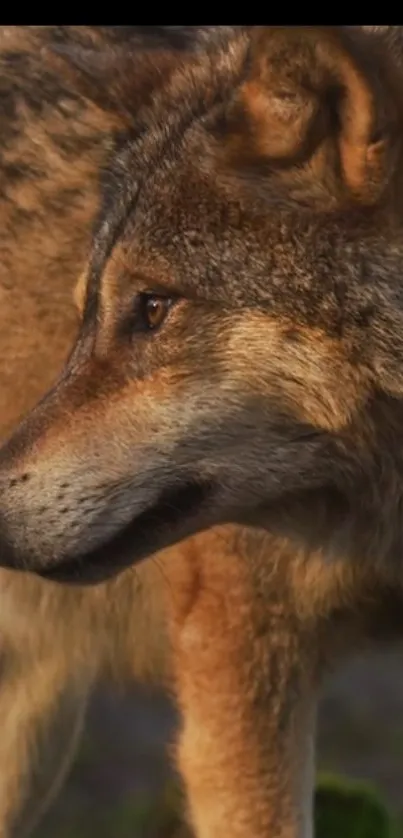 Close-up of a majestic wolf in natural setting.