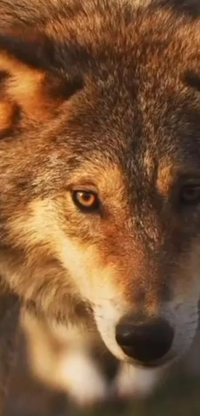 Close-up of a majestic wolf in natural sunlight, perfect for mobile wallpaper.