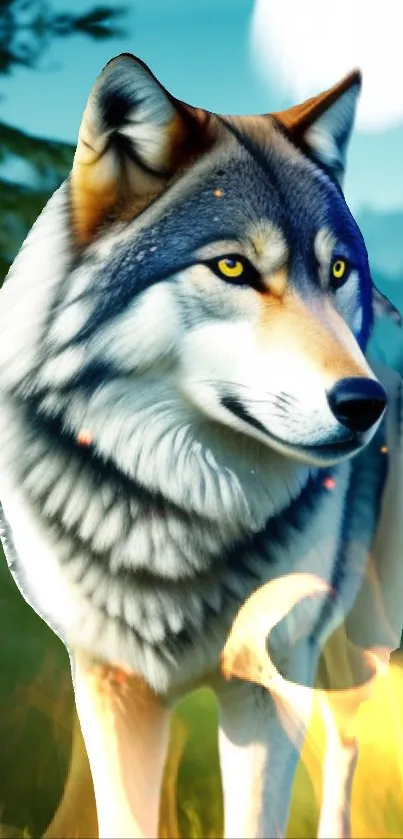 Majestic wolf in a forest with fire, blue sky background.