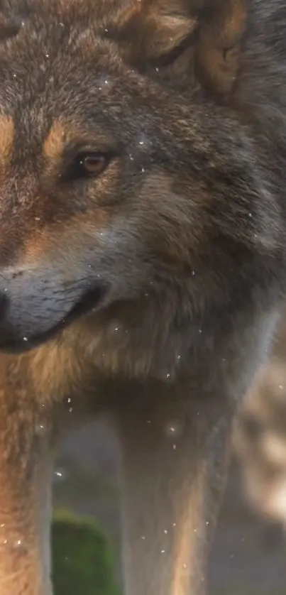 Majestic wolf standing in a serene forest setting.