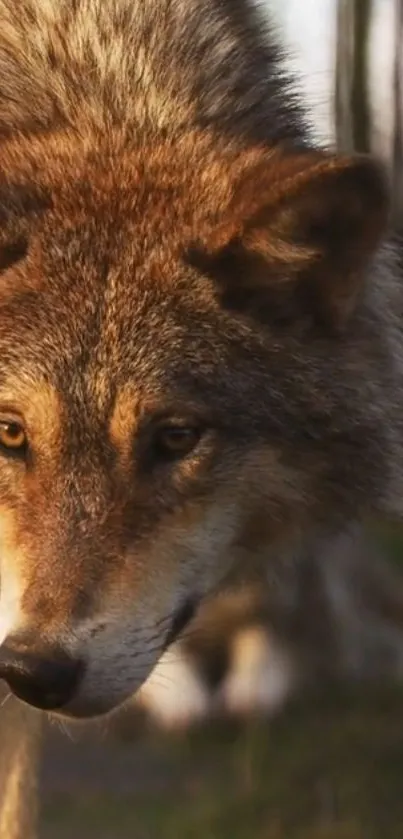 Majestic wolf in a natural forest setting background.