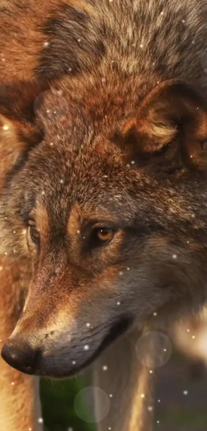 Majestic wolf with sparkling details in nature scene.