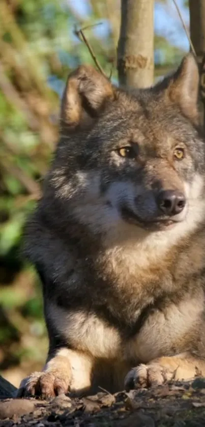 Majestic wolf sitting in a natural forest setting, showcasing intricate fur details.