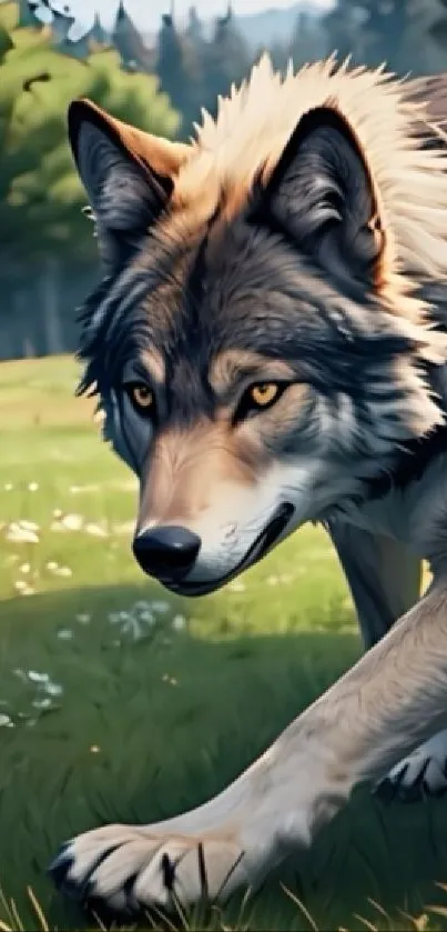Majestic wolf in sunlit forest mobile wallpaper.