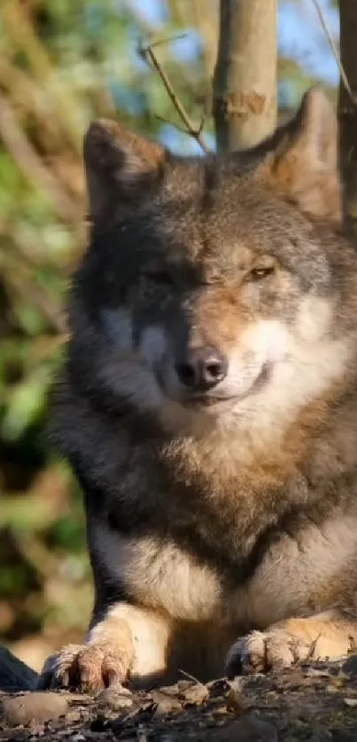 Majestic wolf resting peacefully in nature with vibrant greenery backdrop.