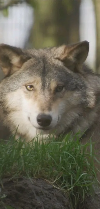 Majestic wolf amidst green foliage, serene nature setting.