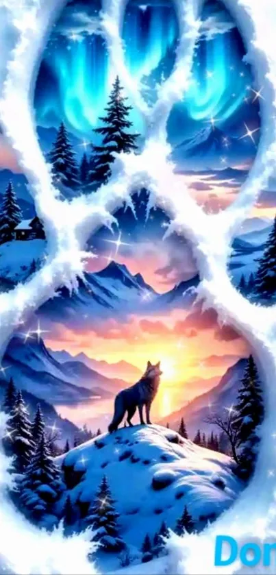 Silhouette of a wolf with snow mountains and aurora borealis in background.