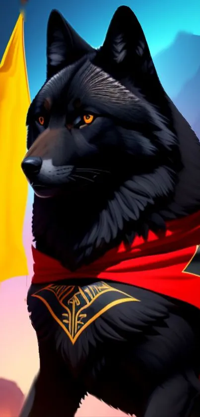 Majestic black wolf in a red cape with a mountain background.