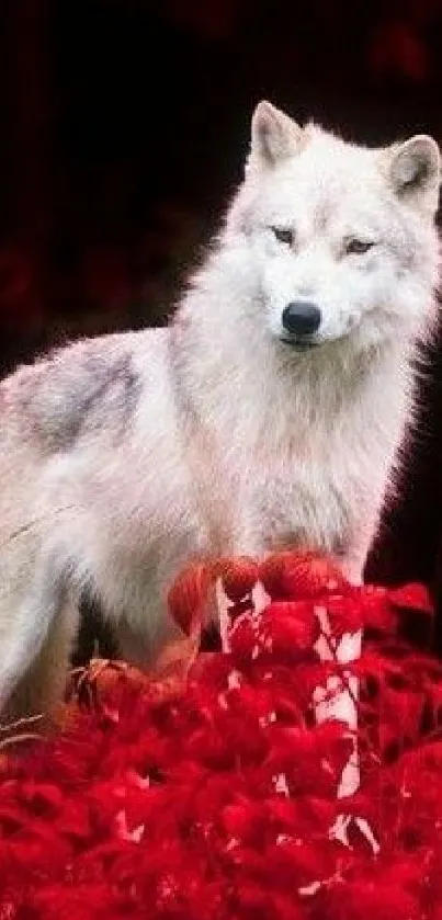 Majestic white wolf standing in vibrant red forest backdrop.