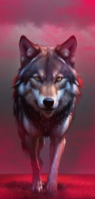 Majestic wolf with red glow backdrop, enchanting mobile wallpaper.