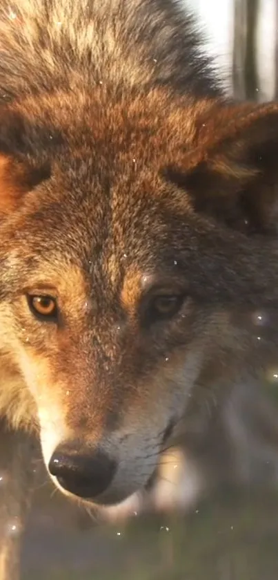 Majestic wolf in the forest with sparkling highlights, capturing nature's beauty.