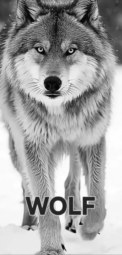 Majestic wolf walking through snow-filled landscape.