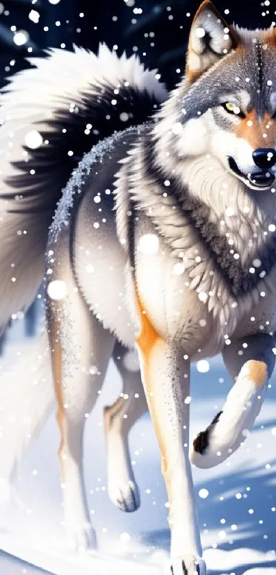 Majestic wolf walking through snowy forest, exuding grace and power.