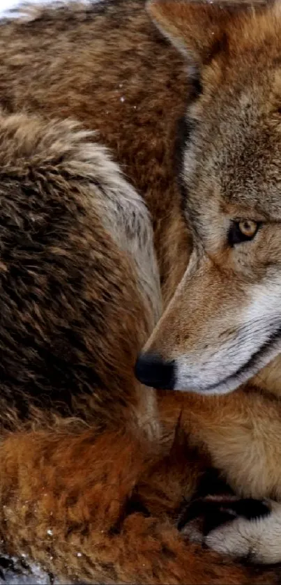 Majestic wolf resting on snowy ground, peaceful and serene.